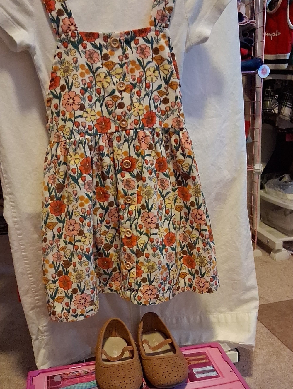 Carter's Floral Button-Front Pinafore Dress in Cream, Orange, Pink and Green.